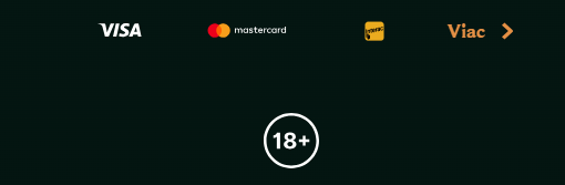 Casino footer with Visa, Mastercard, and Jeton payment icons, a “Viac” link, and an 18+ age restriction badge on a dark green background.