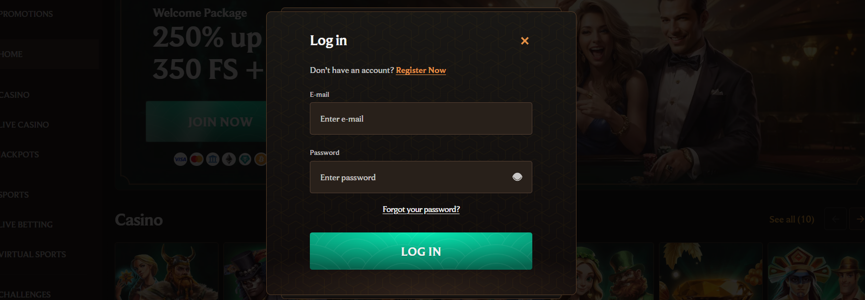 Online casino login form with secure email and password access, registration option, and fast account entry for real money gaming.
