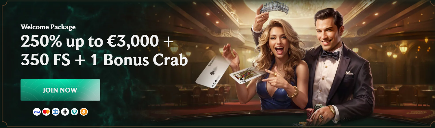 Online casino welcome bonus banner offering 250% up to €3,000 plus 350 free spins and extra rewards, featuring live casino gameplay and trusted payment options.